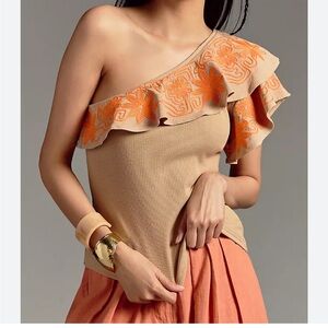 Anthropologie Dolan Tan Orange One Shoulder Embroidered Ruffle Blouse NWT Large